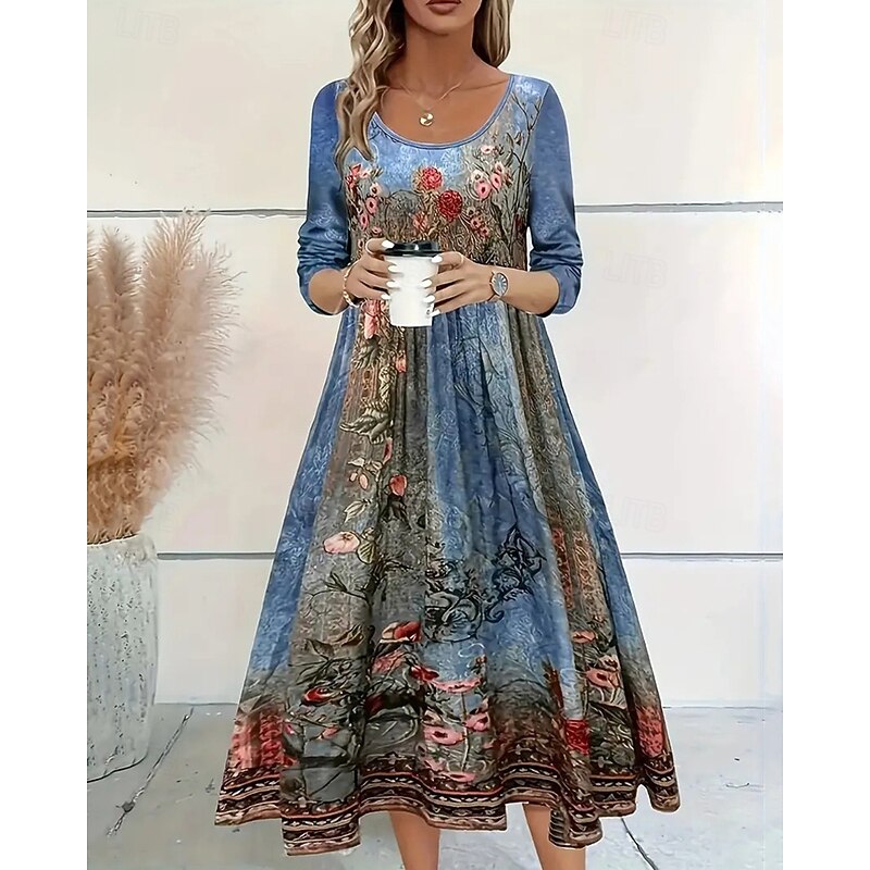 Women's Midi Dress Casual Dress Print Dress Vintage Modern Daily Date Weekend Regular Fit Flower Long Sleeve Crew Neck Blue Green Light Blue Spring Fall3