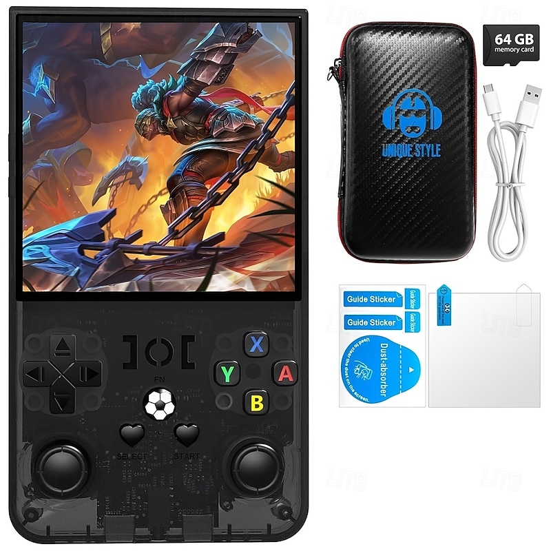 Upgraded R36MAX Handheld Game Console - Dual-Action Joystick USB Charging Rechargeable Lithium Battery Includes 64GB Card Black Carrying Case Perfect for Gaming on the Go Portable Gaming Console2