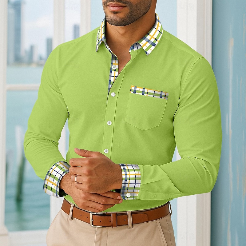 Men's Shirt Summer Shirt Casual Shirt Button Up Shirt Color Block Vacation Business White Yellow Navy Blue Green Long Sleeve Collar Spring &  Fall All Seasons Clothing Apparel Front Pocket