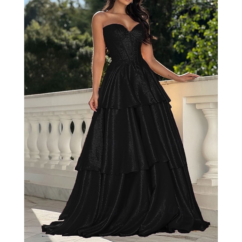 A-Line Gold Tiered Evening Gown Elegant Dress Formal Wedding Sweep / Brush Train Sleeveless Sweetheart Tulle with Ruffles 20254