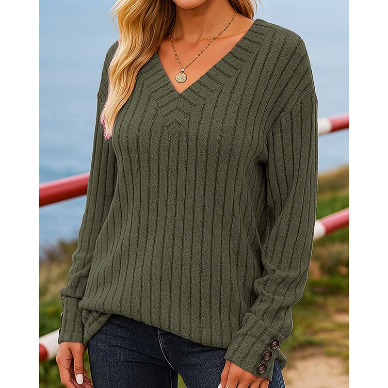 Women's Pullover Sweatshirt Casual Tops Long Sleeve Top Athleisure Fall V Neck Solid Colored Fashion Outdoor Travel Sportswear Activewear Black Green Khaki4