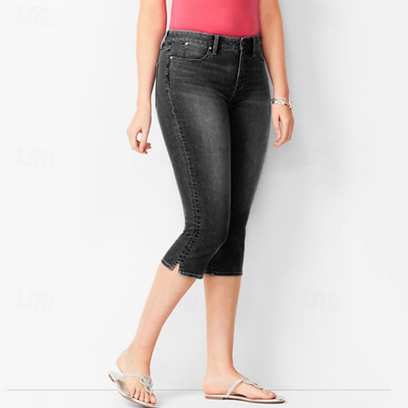 Women's Jeans Capri Pants Jeggings Streetwear Casual Calf-Length High Waist Plain Pocket Breathability Micro-elastic Vacation Street Daily Wear Black White Dark Blue Light Blue Summer Regular Fit4