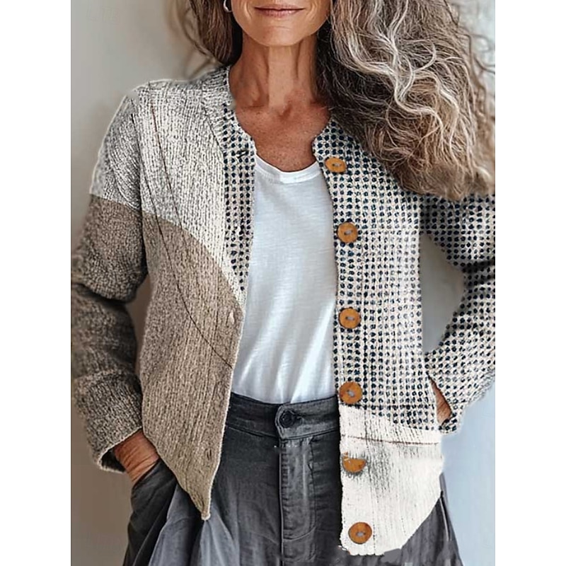 Women's Cardigan Sweater Knitted Ribbed Button Front Round Neck Long Sleeve Lightweight Vintage Floral Crew Neck Print Regular Tops Knit Outdoor Home Daily Yellow Light Brown Fall Winter3