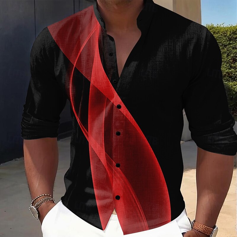 Men's Geometric Gradient Line Shirt Button Up Shirt Stand Collar Shirt Long Sleeve Casual Outdoor Vacation Daily Spring Fall Mandarin Collar Band Collar 3D Print Linen Like Shirt Black Grey Black3