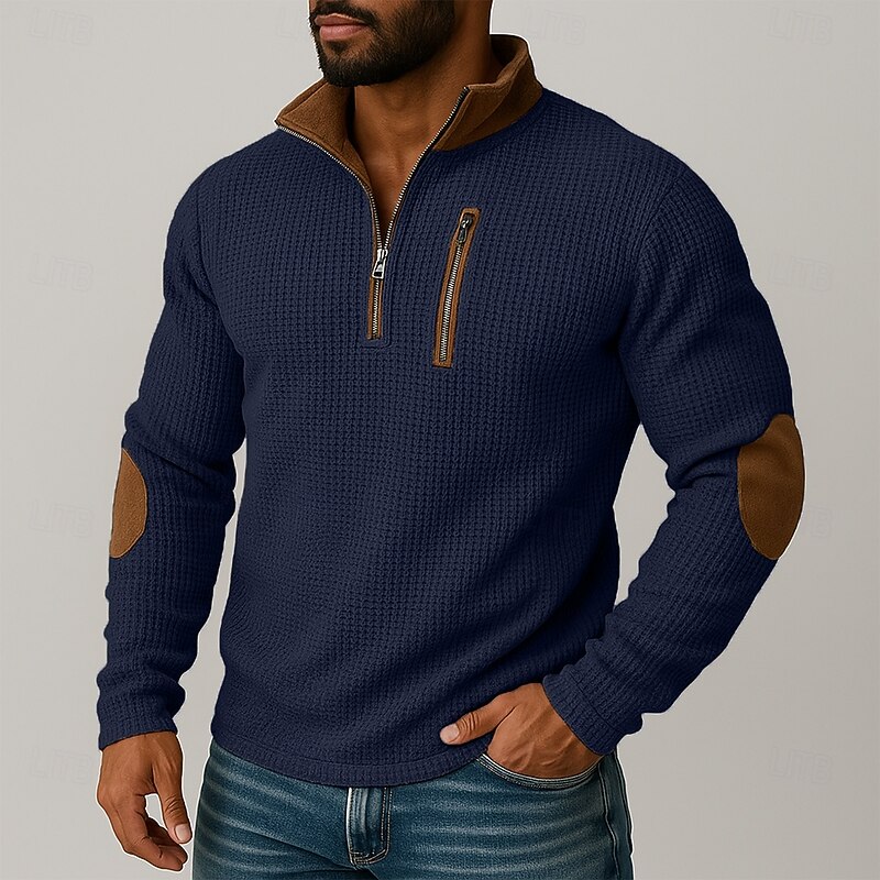 Men's T Shirt Waffle Knit Tee Tee Top Long Sleeve Shirt Long Sleeve Quarter Zip Fall Spring &  Fall Color Block Textured Vintage Fashion Casual Patchwork Zipper Quarter Zip Vacation Street Casual3