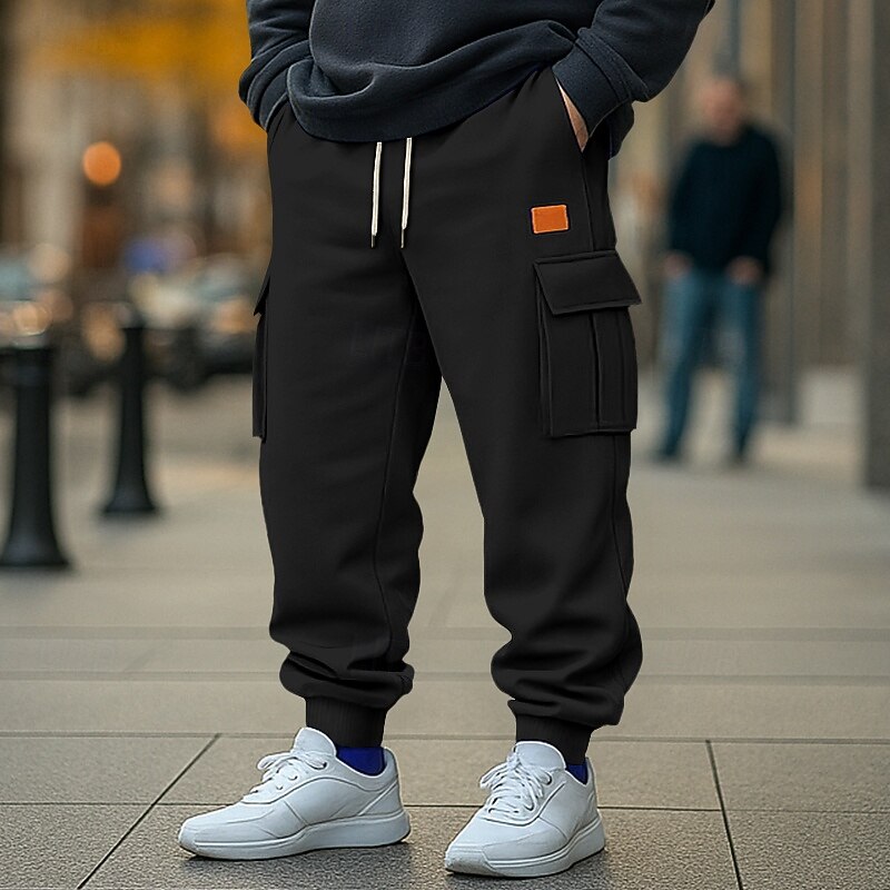 Men's Sweatpants Fleece Pants Joggers Trousers Cargo Sweatpants Drawstring Elastic Waist Multi Pocket Plain Moisture Wicking Breathable Full Length Outdoor Casual Daily Fashion Streetwear Black White