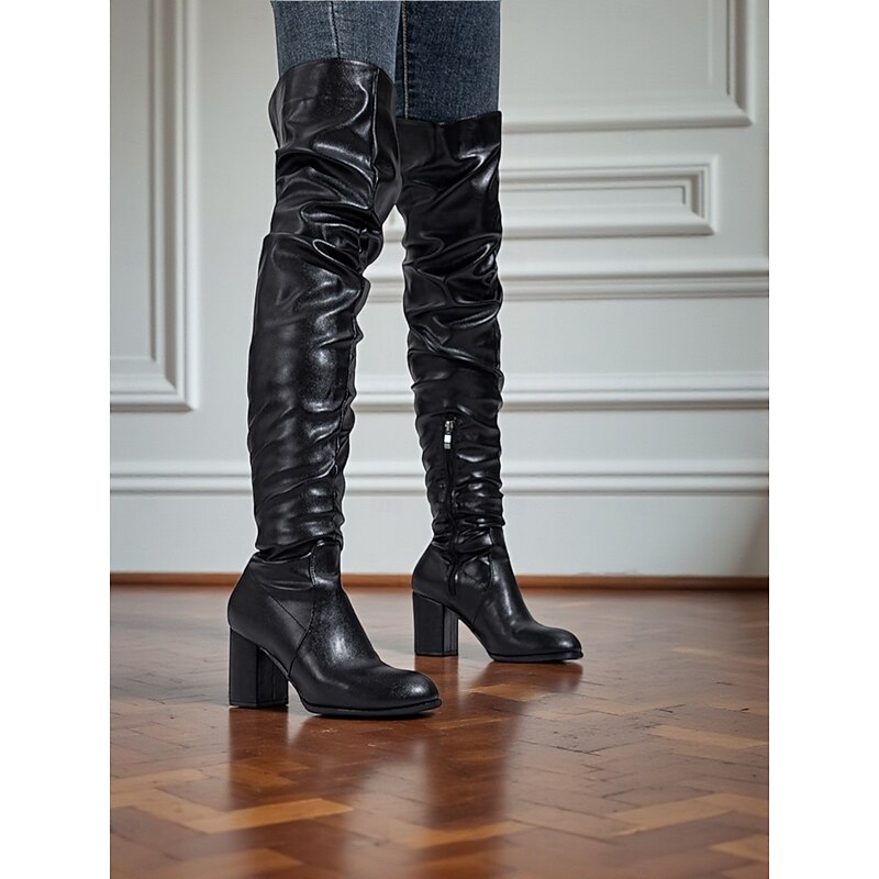 Women's Over-the-Knee Block Heel Boots with Side Zipper and Slouch Design -Stylish Footwear for Women's Urban Casual and Everyday Outfits