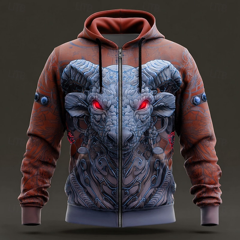 Men's Animal 3D Hoodie Jacket Sweatshirt Fantasy All Over Print Zip Vacation Going out Streetwear Red Blue Zipper Fall Winter Designer2