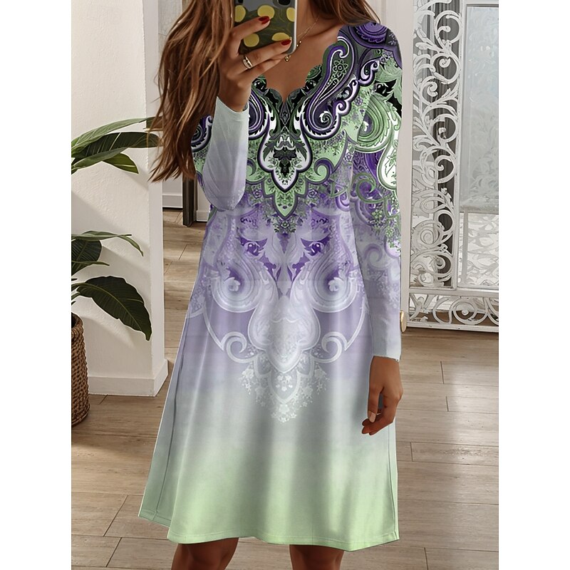 Women's Mini Dress Shift Dress Casual Boho Daily Regular Fit Graphic Geometric Long Sleeve V Neck Blue Dark Green Purple Green Fall Winter3