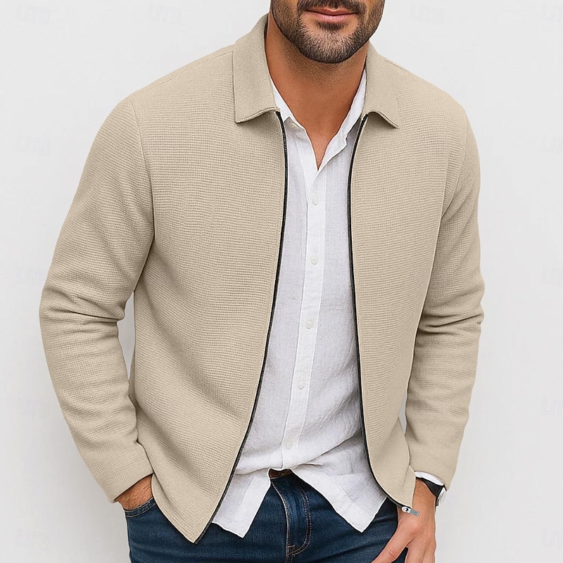 Men's Waffle Jacket Jacket Casual Jacket Outdoor Vacation Warm Plain Spring Fall Winter Plain Fashion Streetwear Lapel Regular Black White Royal Blue Khaki Grey Jacket