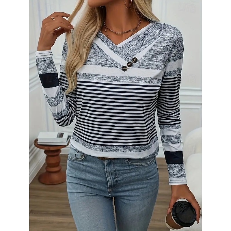 Women's T Shirt Graphic Geometric Vintage Stylish Classic Long Sleeve Crew Neck V Neck Regular Tops Daily Buttons Print Asymmetrical Gray Spring Fall