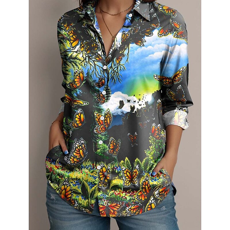 Dakota Daetwiler by Women's Shirt Blouse Floral Butterfly Striped Vintage Tropical Stylish Long Sleeve Shirt Collar Regular Tops Work Daily Holiday Buttons Print Blue Summer Spring Fall3