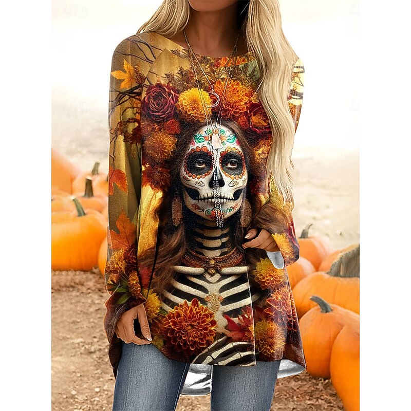 Halloween Women's T Shirt Skulls Graphic Vintage Stylish Casual Long Sleeve Crew Neck Long Tops Daily Print Red Purple Orange Khaki Spring Fall4