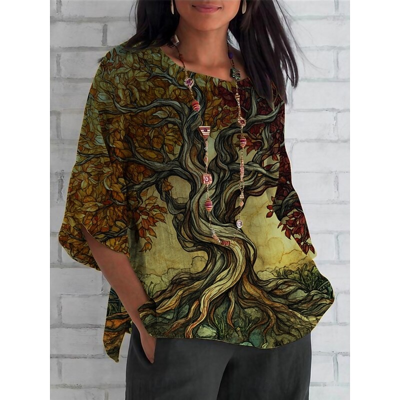 Women's Shirt Tree Bohemia Daily Casual 3/4 Length Sleeve Crew Neck Regular Tops Daily Holiday Print Blue Orange Green Summer Spring Fall3