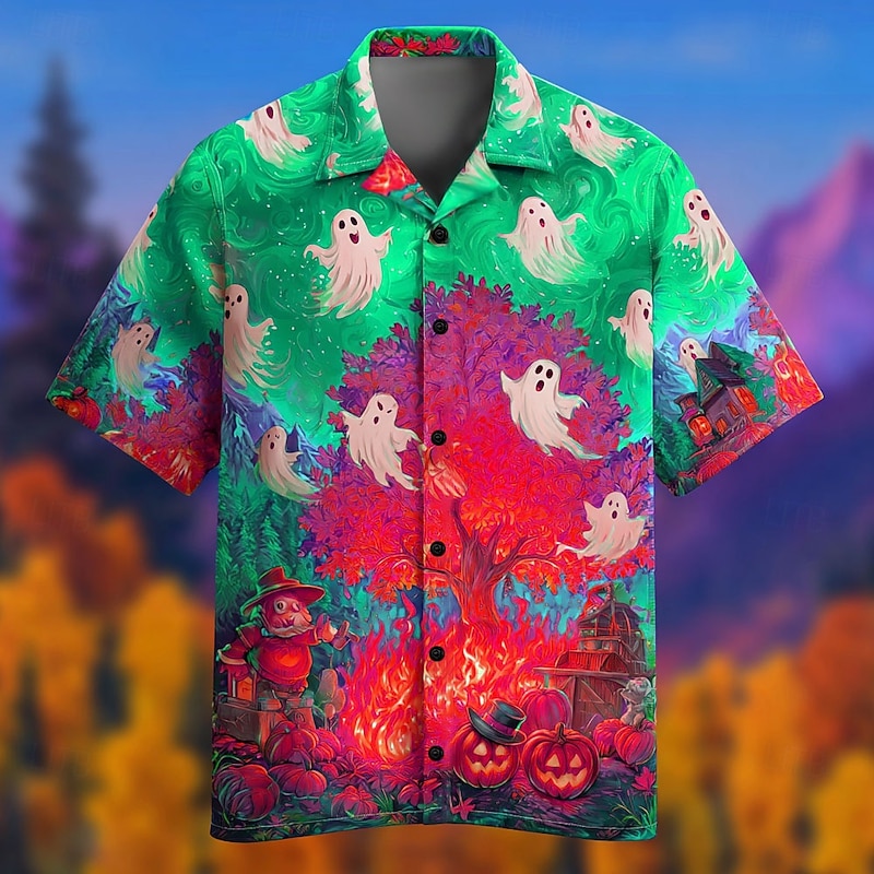 Halloween Men's Pumpkin Ghost Fire Shirt Cuban Collar Shirt Button Up Shirt Short Sleeve Dark Punk Gothic Style Holiday Streetwear Summer Camp Collar Shirt 3D Print Red Blue Green2