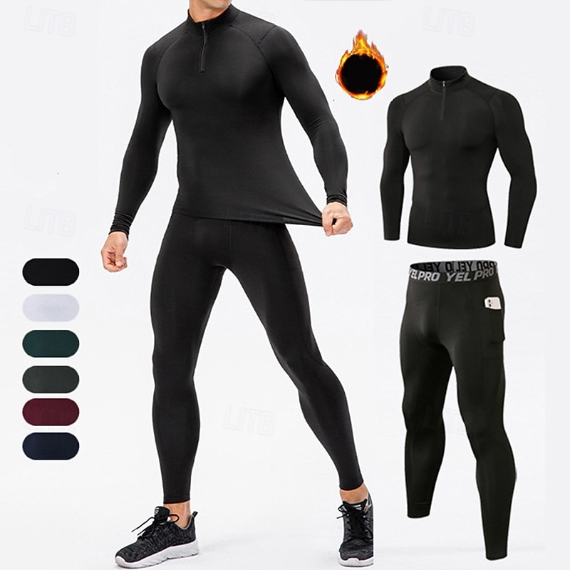 Men's Workout Suits Base Layer Top & Bottom 2 Piece Sports Set with Fleece Lined Solid Colored Clothing Suit Fall & Winter Black White Spandex Gym Basketball Athletic High Waist Quick Dry Warm