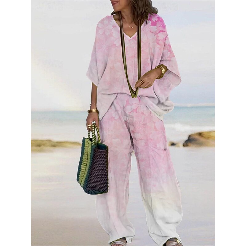 Women's Vacation Fashion Pants Sets 3/4 Length Sleeve V Neck Floral Print Vacation Daily Holiday Black Pink Summer Regular Fit