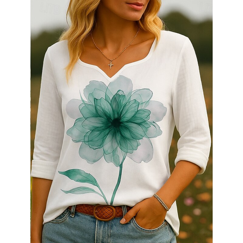 Women's 100% Cotton Shirts Floral Graphic Vintage Tropical Stylish 3/4 Length Sleeve Crew Neck Asymmetrical Square Neck Regular Tops Daily Holiday Red Blue Purple Green Summer Spring2