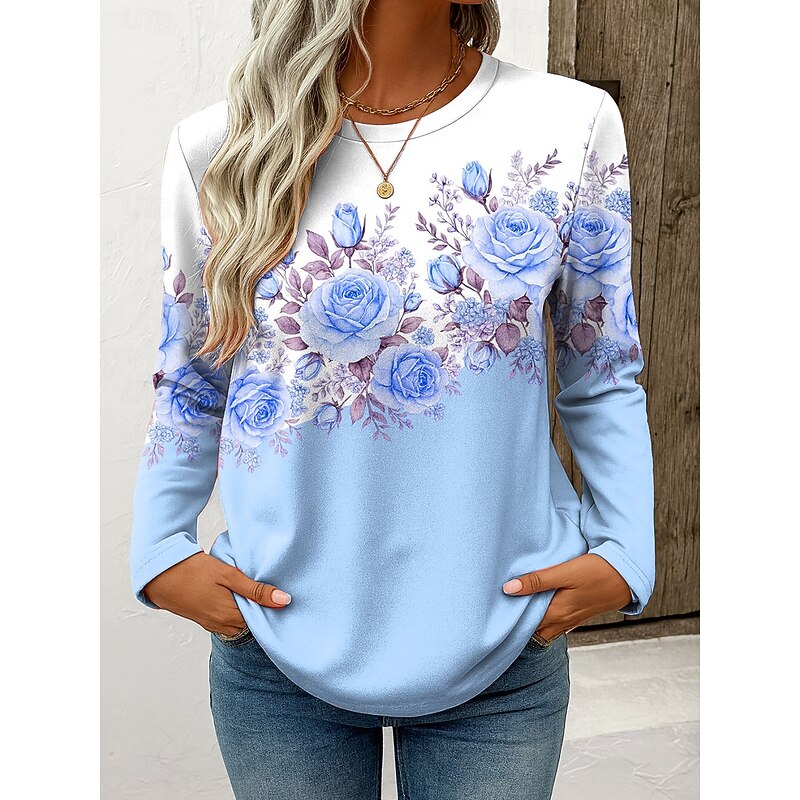 Women's T Shirt Floral Graphic Plants Vintage Stylish Classic Long Sleeve Crew Neck Regular Tops Daily Weekend Print Pink Blue Purple Green Spring Fall3