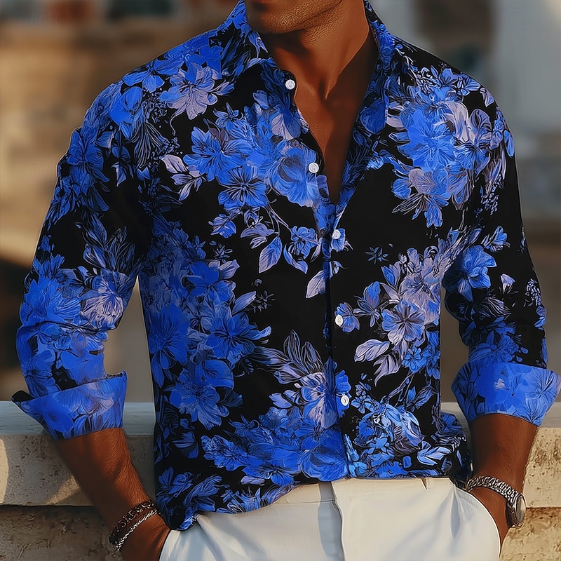 Men's Floral Print Neon Glow Flowers Shirt Button Up Shirt Casual Dress Shirt Long Sleeve Hawaiian Vacation Daily Streetwear Summer Spring Turndown 3D Print Collared Shirts Black Pink Blue Purple