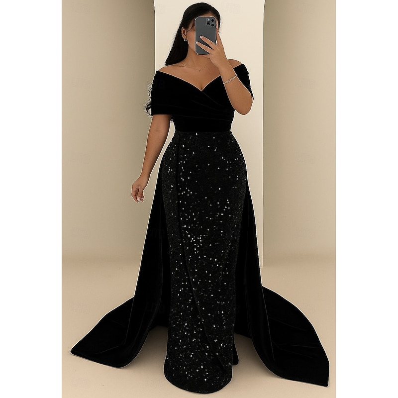 Black Tie Sequined A-Line Sheath / Column Evening Gown Elegant Dress Formal Wedding Floor Length Short Sleeve Off Shoulder Satin with Glitter 2025