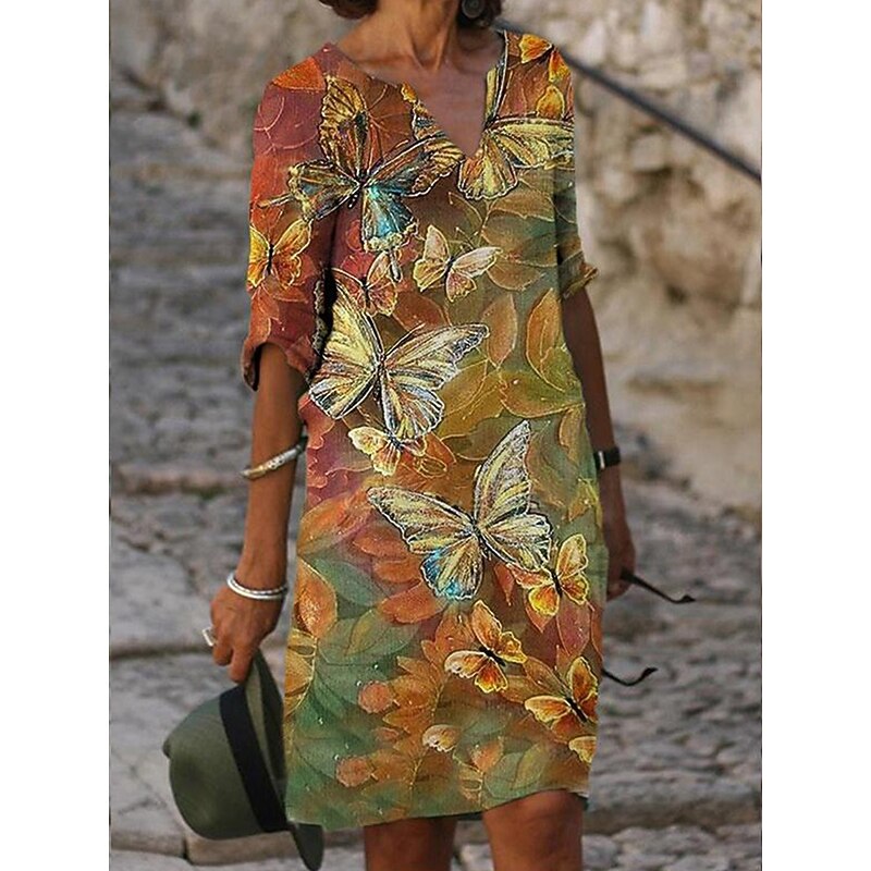 Women's Mini Dress Shift Dress Summer Dress Formal Daily Regular Fit Graphic Leaf 3/4 Length Sleeve V Neck Yellow Brown Green Summer Spring3