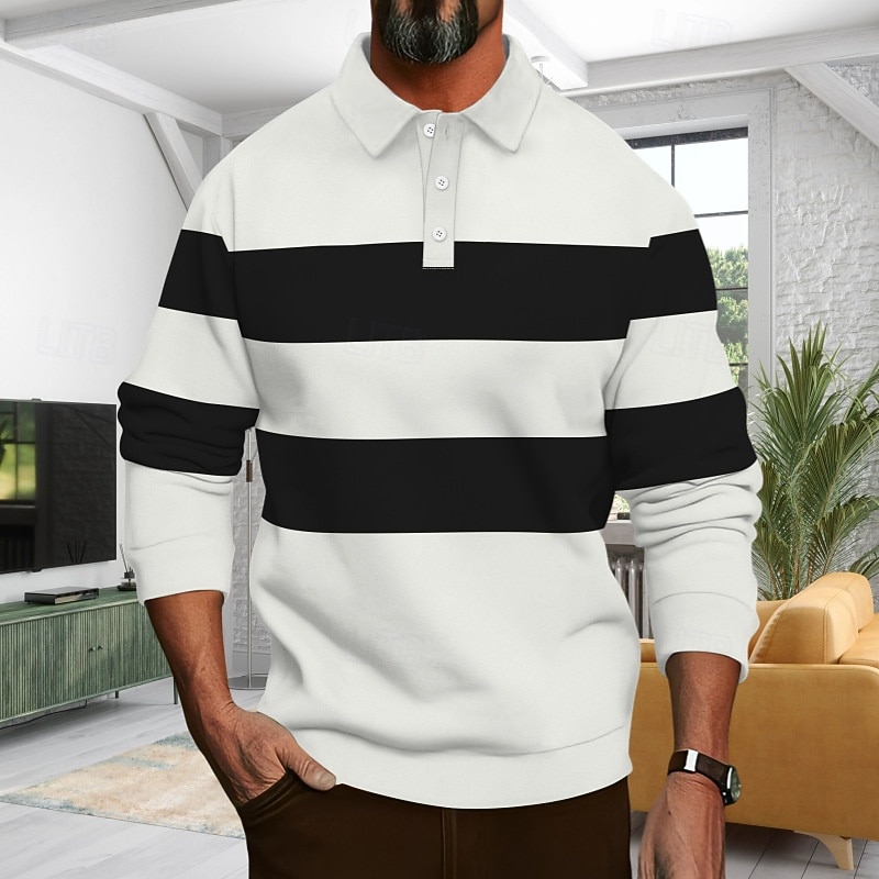 Men's Golf Shirt Golf Polos Shirts Work Casual Lapel Long Sleeve Basic Modern Color Block Stripe Buttons Spring Fall Regular Fit Black White Army Green Gray Golf Shirt