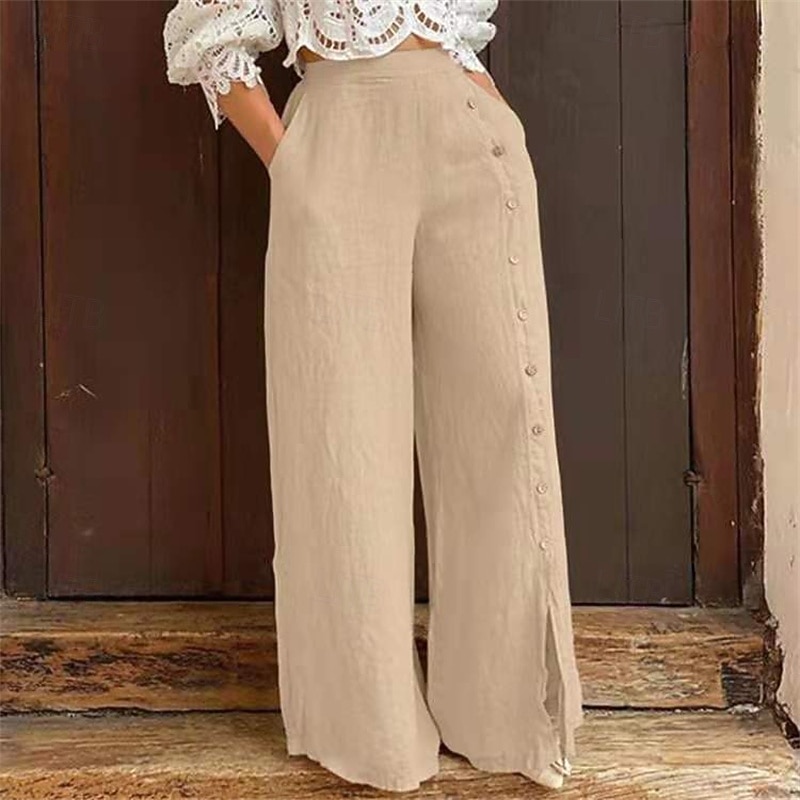 Women's Wide Leg Pants Trousers Palazzo Pants Fashion Streetwear Full Length High Waist Plain Elastic Waist Side Button Breathability Comfortable Street Daily Wear Going out Navy Blue Apricot Summer3
