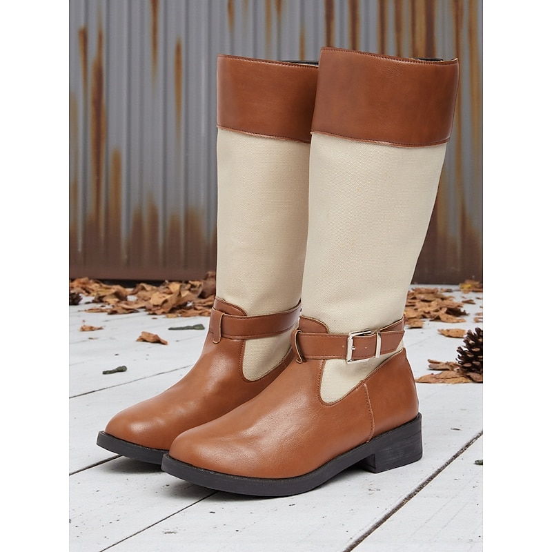 Women's Brown Faux Leather Riding Boots with Buckle and Canvas – Casual Two Tone Knee High Boots for Work, Travel and Outdoor Wear2