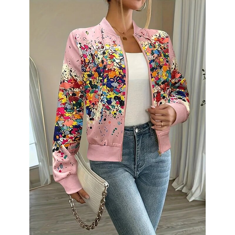 Women's Casual Jacket Warm Quick Dry Zipper Pocket Elegant Fashion Daily Simple Floral Vacation Casual Daily Holiday Baseball Collar Regular Fit Long Sleeve Outerwear Black White Pink Fall2