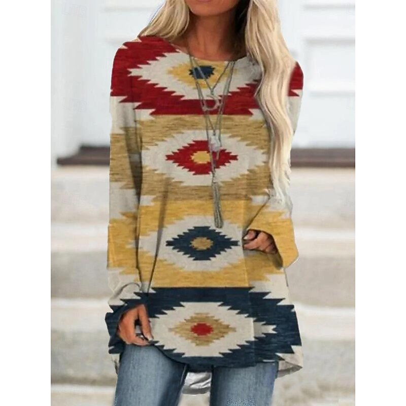 Women's T Shirt Graphic Tribal Vintage Stylish Casual Long Sleeve Crew Neck Long Tops Daily Print Blue Brown Green Khaki Spring Fall2