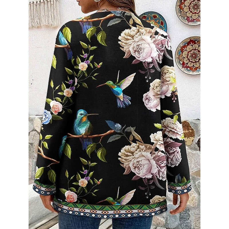 Women's Winter Coat Casual Jacket Warm Quick Dry Pocket Open Front Modern Floral Casual Daily Casual Daily Long Crewneck Regular Fit Long Sleeve Outerwear Black Orange Spring Fall4