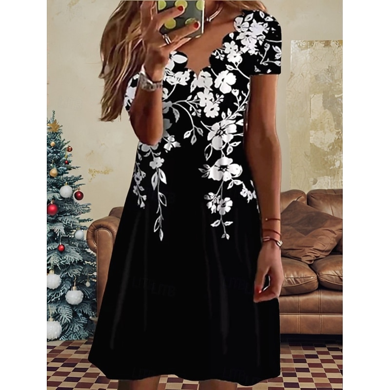 Women's Mini Dress A Line Dress Semi Formal Wedding Guest Cocktail Party Going out Regular Fit Floral Graphic Short Sleeve Black White Pink2