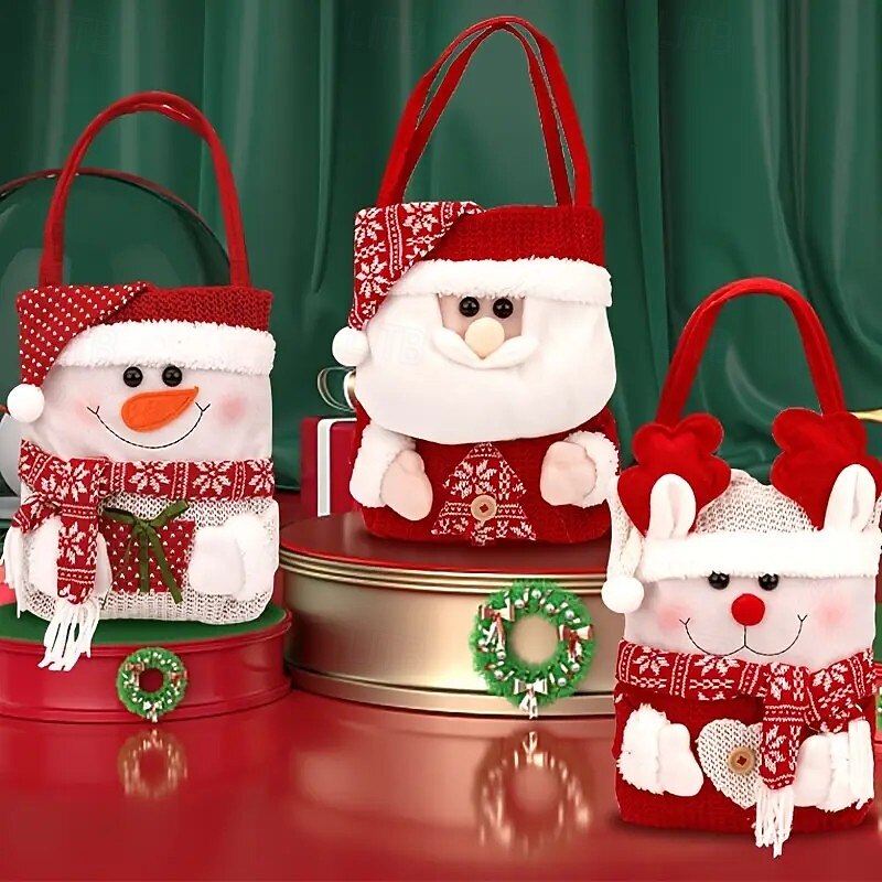 3PCS Christmas Gift Tote Bags, Festive Cartoon Santa, Snowman and Reindeer Designs with Flip-Top Closure, Holiday Bags for Candy, Gifts and Party Favors3