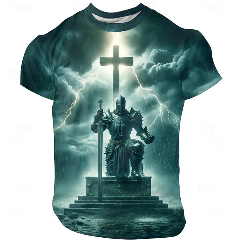 Men's Knights Templar 3D T Shirt Short Sleeve T shirt 3D Print Crew Neck Shirt Exaggerated Designer Party Daily Holiday Blue Green Gray Summer Spring All Seasons Clothing Apparel S M L XL XXL XXXL2