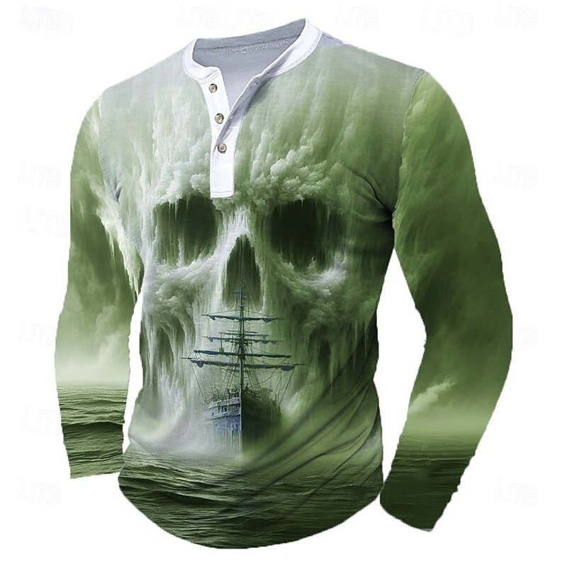 Halloween Men's Skull Cool Skulls T Shirt Henley Shirt Long Sleeve T shirt Henley Shirt Fashion Daily Basic Street Casual Daily Light Blue Green Khaki Summer Spring Clothing Apparel S M L XL 2XL 3XL3