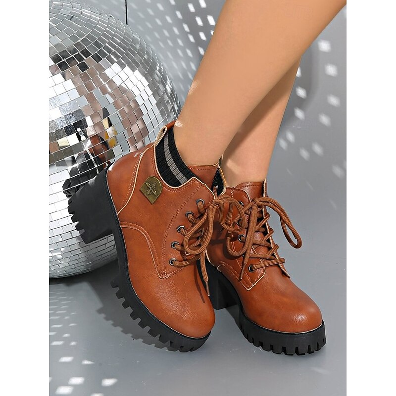 Women's Chunky Heel Ankle Boots - Lace - Up Brown Leather - Look Platform Booties3