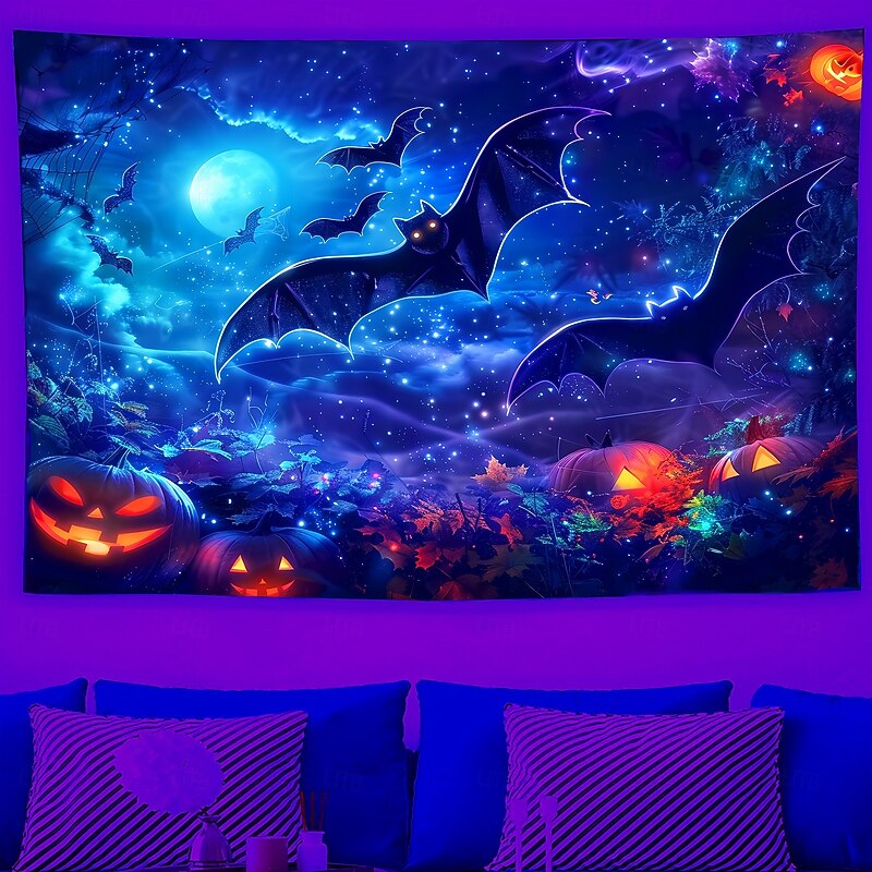 lacklight Halloween Tapestry – Neon Scarecrow and Pumpkin Graveyard Wall Hanging for Bedroom, Living Room, Party Decor4