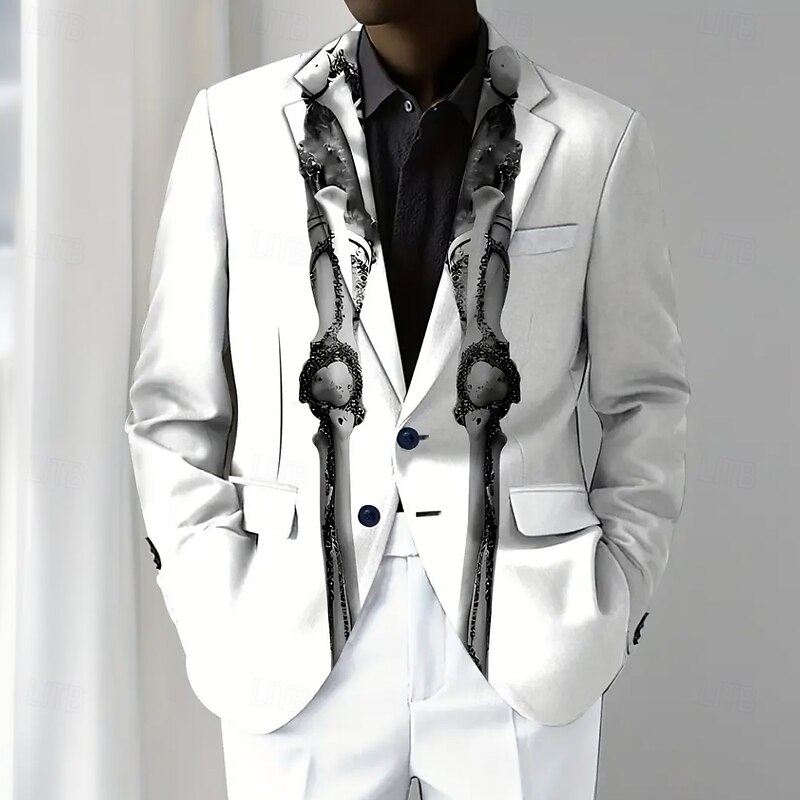 Halloween Men's Blazer Outdoor Street Casual Casual Daily British All Seasons 100% Polyester Skeleton 3D Print Buttons Thermal Warm Comfortable Single Breasted Blazer White Brown