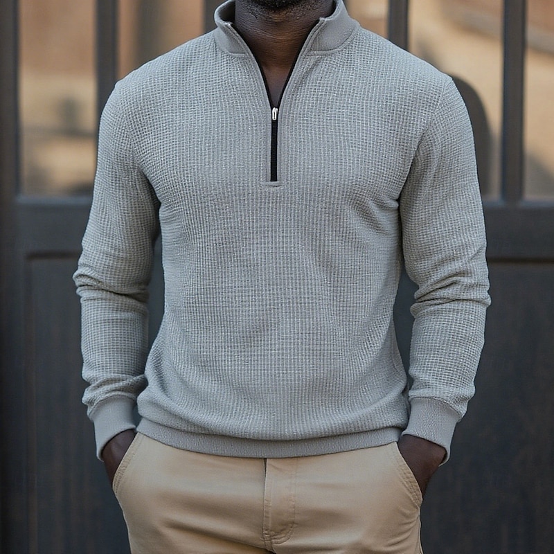 Men's Waffle Polo Shirts Zip Polo Sports Outdoor Casual Standing Collar Quarter Zip Long Sleeve Fashion Modern Solid Color Knitted Fall Spring &  Fall Regular Fit Black White Blue Gray Waffle Polo4