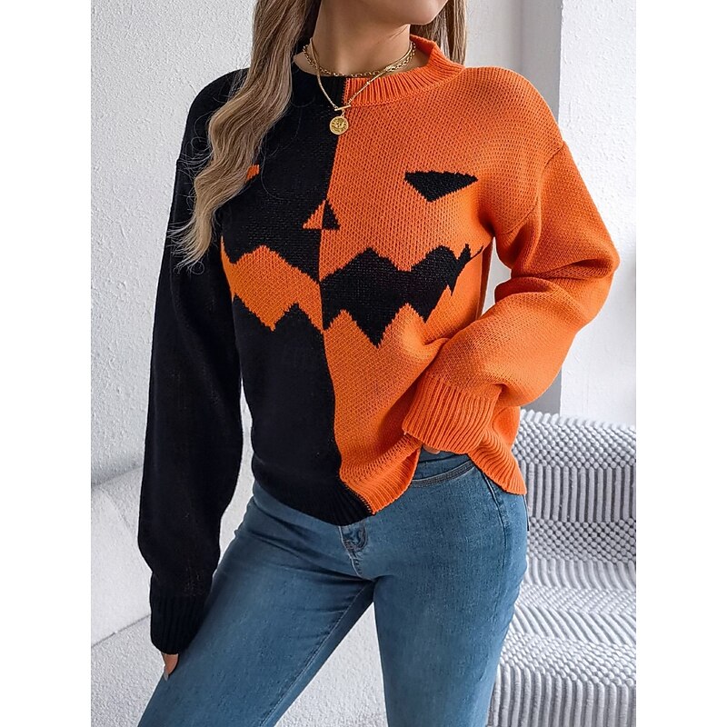 Halloween Women's Sweater Pumpkin Casual Soft Graphic Ribbed Crew Neck Knitted Long Sleeve Regular Tops Knit Orange Khaki Fall Winter Prefall3