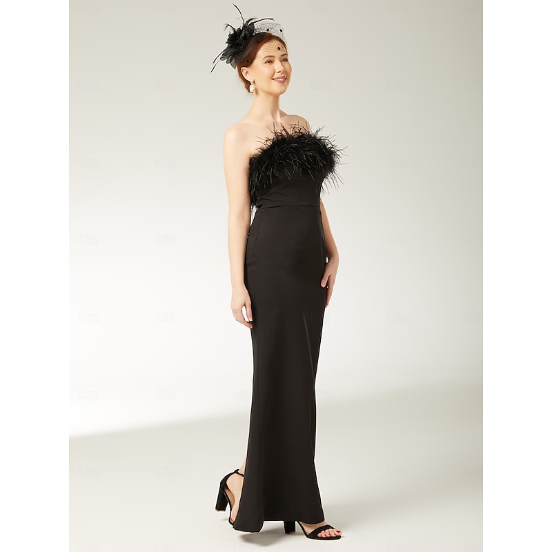 Sheath Black Feather Dress Evening Gown Elegant Dress Formal Black Tie Ankle Length Sleeveless Strapless Spandex with Feather Slit Masquerade Dress4