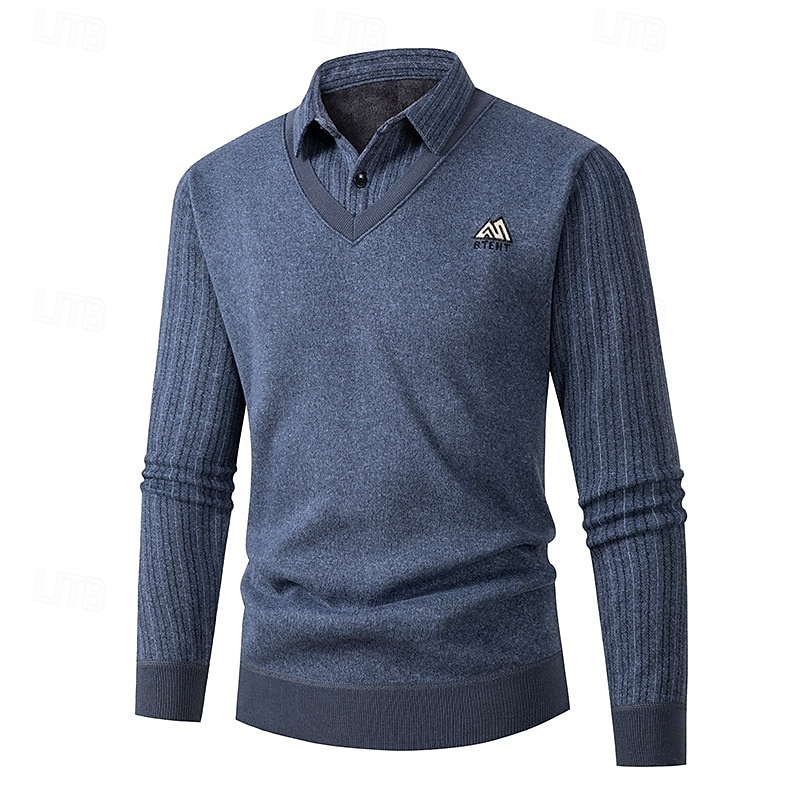 Men's Sweater Pullover Sweater Jumper Casual Sweater Ribbed Knit Regular Tops Knitted Slim Fit Plain Turndown Knitwear Contemporary Casual Daily Wear Clothing Apparel Fall Navy Blue Blue M L XL2
