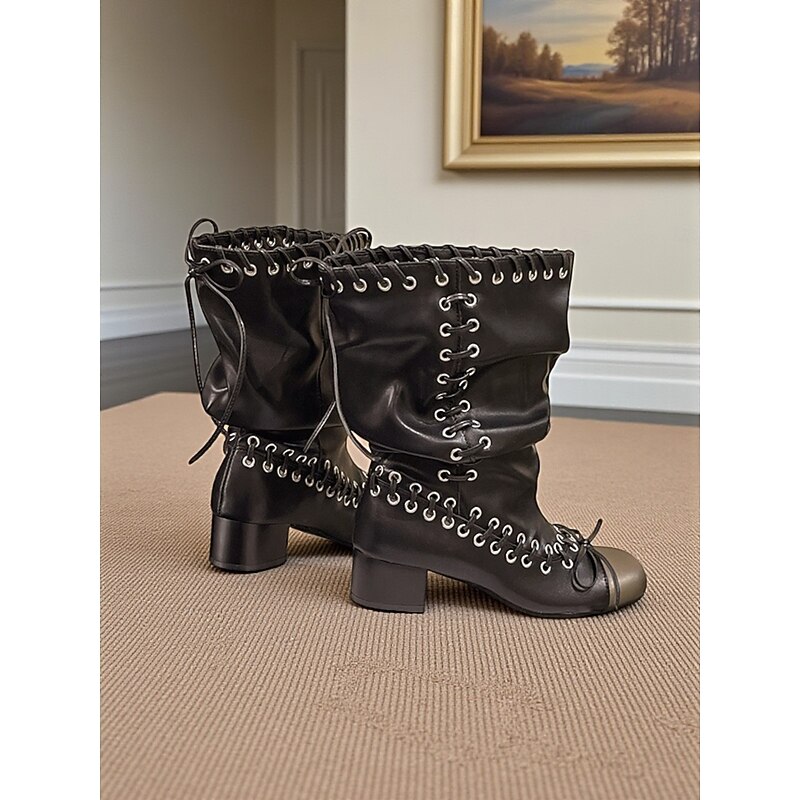 Women's Leather Slouchy Boots with Lace - Up Detailing, Steampunk - Inspired Style for Urban Fashion Outfits, Ideal for Trendy City Looks and Daily Wear3