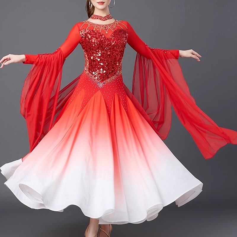 Ballroom Dance Dress Crystals / Rhinestones Sequins Women's Performance Party Long Sleeve Linen Cotton Blend3
