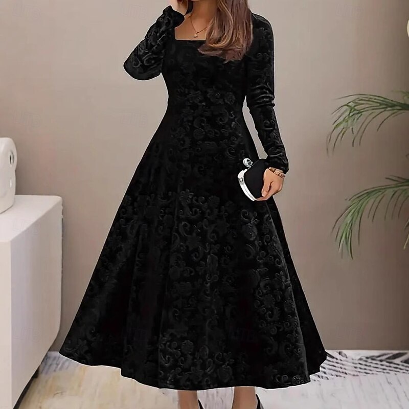 Women's Maxi Dress Sheath Dress A Line Dress Fit And Flare Dress Party Birthday Formal Party Wedding Guest Birthday Regular Fit Plain Long Sleeve Square Neck Black Wine Green Spring Fall Winter Autumn2