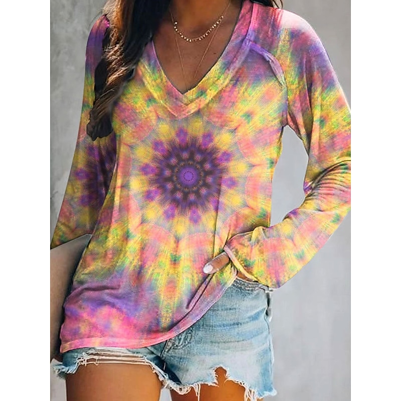 Women's T shirt Long Sleeve Floral Graphic Plants Elegant Bohemia Vintage Long Sleeve V Neck Regular Tops Daily Going out Weekend Print Yellow Purple Spring Fall Prefall2