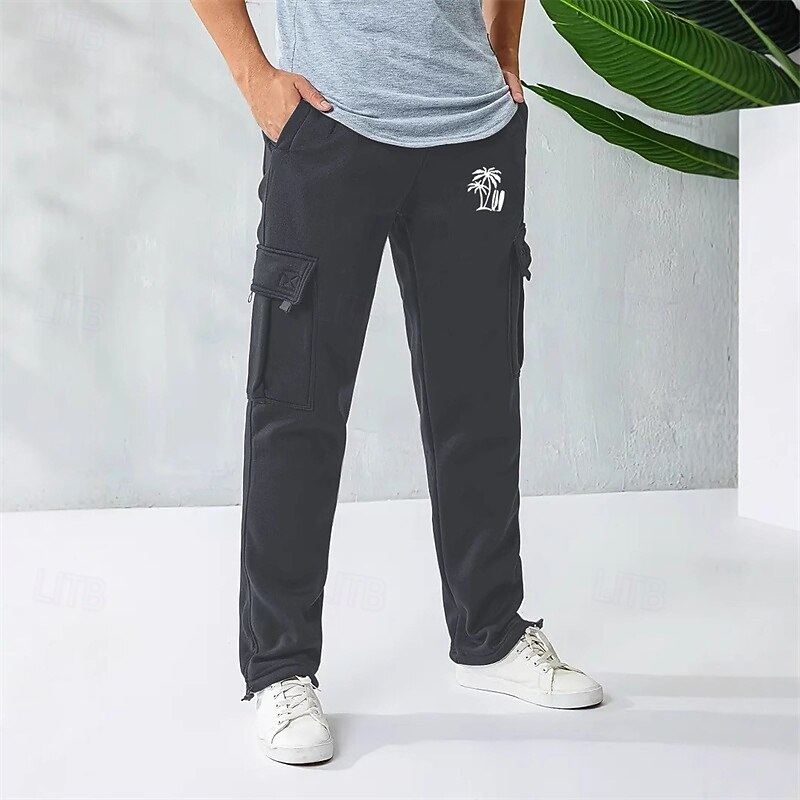 Men's Sweatpants Trousers Cargo Sweatpants Straight Leg Sweatpants Drawstring Elastic Waist Multi Pocket Coconut Tree Comfort Sports Outdoor Daily Fashion Casual Black Red Micro-elastic