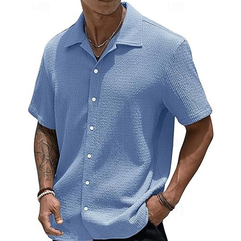 Men's Shirt Summer Shirt Casual Shirt Beach Shirt Button Up Shirt Dark Brown Black White Light Green Pink Short Sleeve Plain Lapel Vacation Hawaiian Clothing Apparel Polyester Fashion Casual