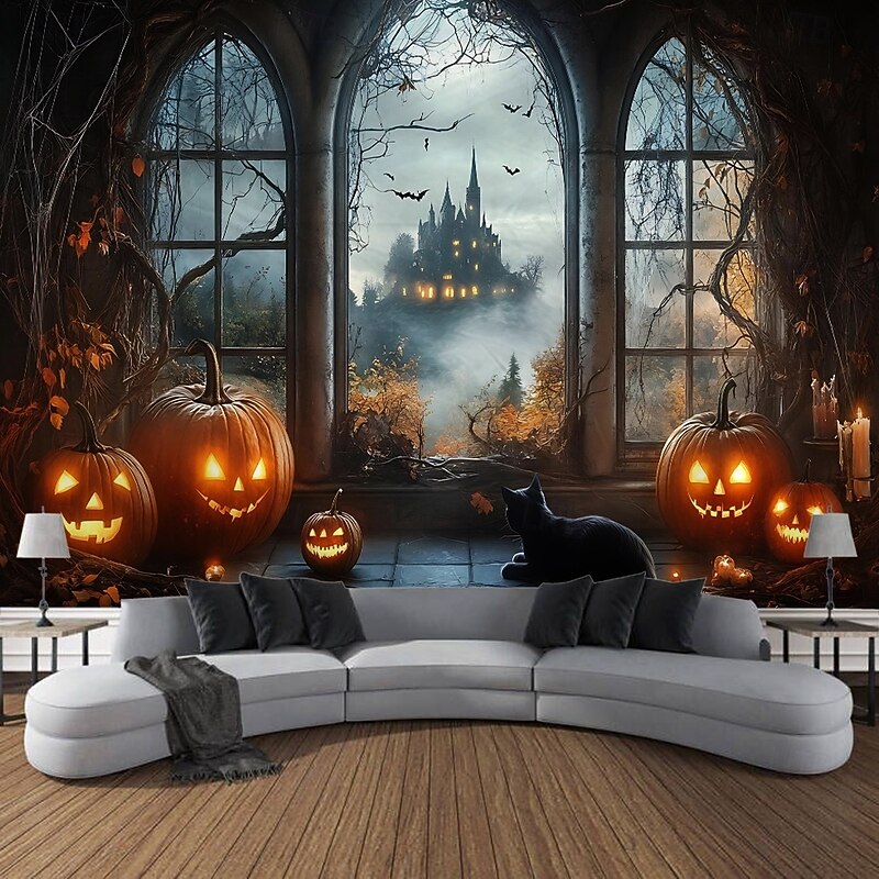 Halloween Photo Backdrop Tapestry, Pumpkin Ghost and Skull Pattern Wall Hanging, Large Decorative Mural for Bedroom, Living Room, Party, and Home Decoration4